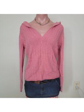 Bum Y2K Cable Knit Pink Deep V-Neck Hooded Sweater (M)